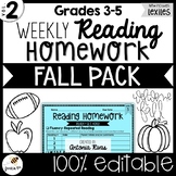 Common Core Weekly Reading Homework (Grades 3-5) - Fall Pack