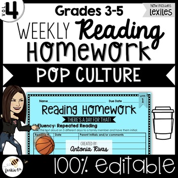 Preview of Common Core Weekly Reading Homework (Grades 3-5) - Pop Culture