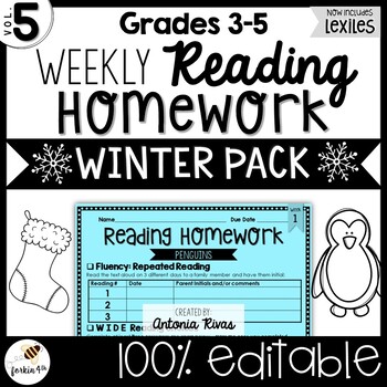 Preview of Common Core Weekly Reading Homework (Grades 3-5) - Winter Pack