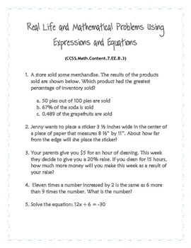 Common Core Word Problems Grade 7 Expressions And Equations Tpt