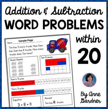 Preview of 1st & 2nd Grade Math Addition & Subtraction to within 20 Word Problem Worksheets