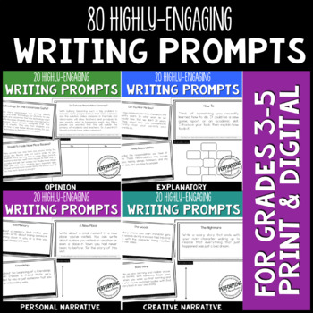 Preview of 80 Writing Prompts Bundle Gr. 3-5 Print & Digital for Online Learning