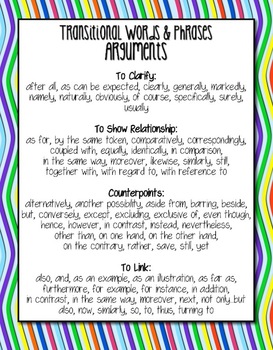 transition words for essays anchor chart 4th grade