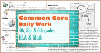 Preview of Common Core Daily Work Part I-4th, 5th, & 6th grades ELA & Math