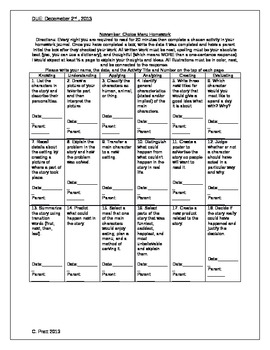 Preview of Common Core/Blooms Taxonomy Choice Menu Homework and Enrichment