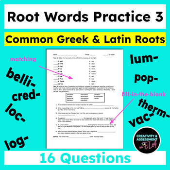 Preview of Common Greek and Latin Root Words Practice 3 |Matching & Completing the Sentence