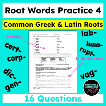 Preview of Common Greek and Latin Root Words Practice 4 |Matching & Completing the Sentence