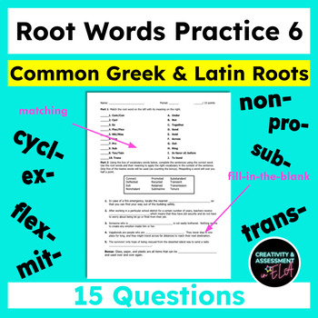 Preview of Common Greek and Latin Root Words Practice 6 |Matching & Completing the Sentence