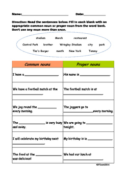 Common Nouns and Proper Nouns - Fill in the blanks worksheet by PTinotif