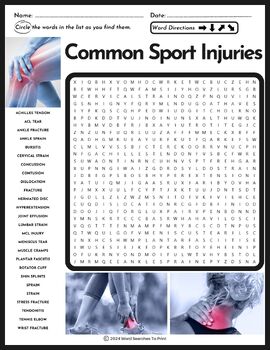 Preview of Common Sport Injuries Word Search Puzzle