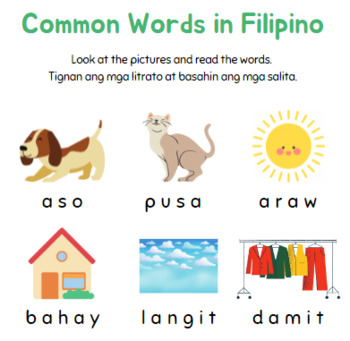 Common Words in Filipino (pics, wordsearch, anagrams, draw the word)