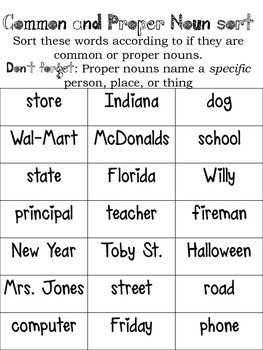 Common and Proper Noun Sort by Taking on Second | TpT