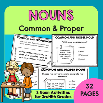 Preview of Common and Proper Noun Task Cards | Noun Practice Activities | Set of 32 Cards