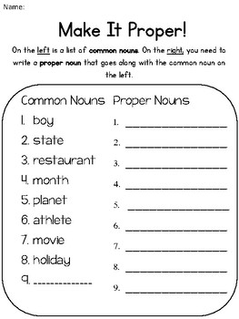 proper nouns and nouns worksheet teaching resources tpt