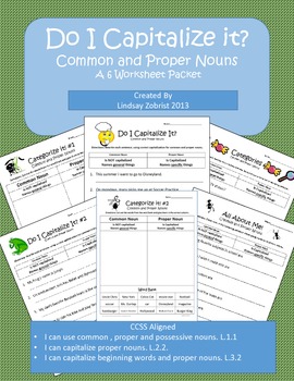 Preview of Common and Proper Nouns: 1st, 2nd, 3rd Grade Common Core Practice Packet