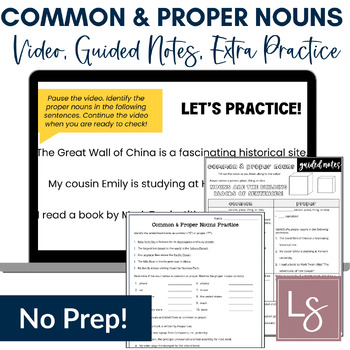 Preview of Common and Proper Nouns Grammar Video and Worksheet, Sub Plans 5th, 6th Grade