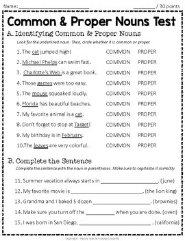 common and proper nouns test 2 page noun quiz with answer