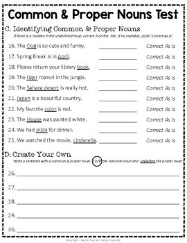 common and proper nouns test 2 page noun quiz with answer