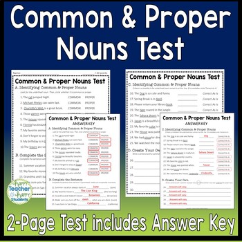 common and proper nouns test 2 page noun quiz with answer key tpt