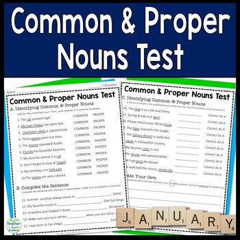 Preview of Common and Proper Nouns Test: 2-Page Common and Proper Nouns Quiz w Answer Key