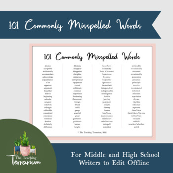 Preview of Commonly Misspelled Words Spelling List Printable Middle High School English