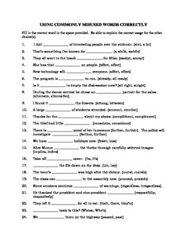 Preview of Commonly Misused Words - First Week of School Worksheet for High School Students