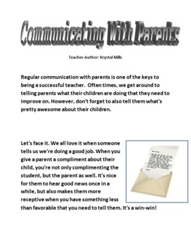 Preview of Communication with Parents: Sample Letter to Parents, Good News Etc.