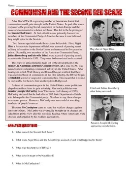 Preview of Communism and the Second Red Scare Reading & Worksheet