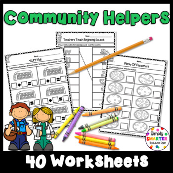 Preview of Community Helper Themed Kindergarten Math and Literacy Worksheets And Activities