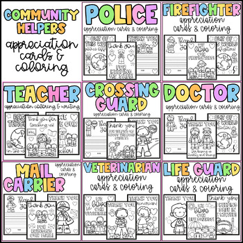 Preview of Community Helpers Appreciation Cards and Coloring Pages