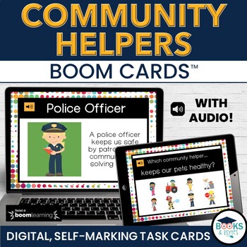 Preview of Community Helpers Lesson - BOOM CARDS - Digital Task Cards Lesson Activity