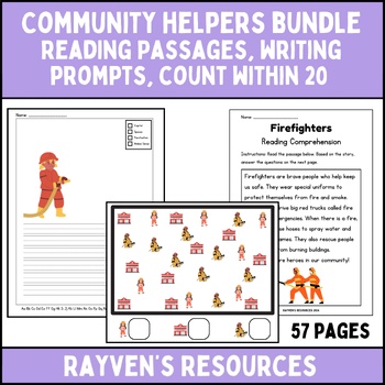 Preview of Community Helpers Bundle! Writing Prompts, Reading Passages, Counting within 20