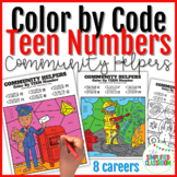 Community Helpers Color by Code Teen Numbers and Adding within 20