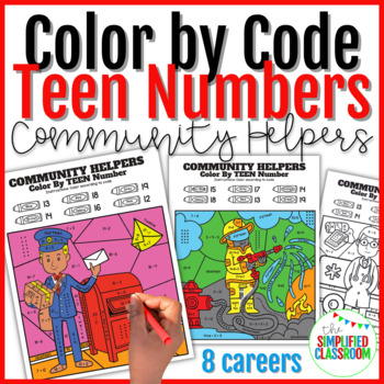 Preview of Community Helpers Color by Code Teen Numbers and Adding within 20