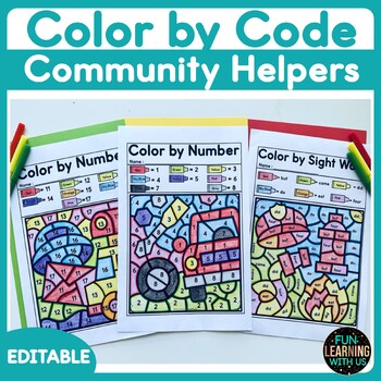 Preview of Community Helpers Color by Number | EDITABLE Color by Sight Word Worksheets