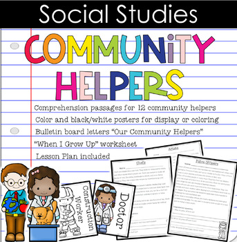 Preview of Community Helpers Comprehension Pack (Lesson plan, Posters, and Coloring Pages)