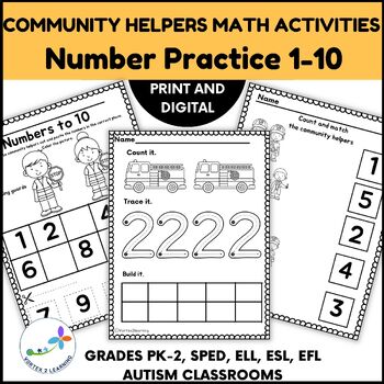 Preview of Community Helpers Math Activities- Number Practice 1 to 10 Worksheets For SPED