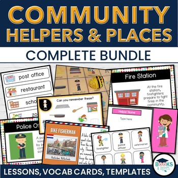 Preview of Community Helpers & Places Lessons, Vocab Cards, Games, Writing Complete BUNDLE