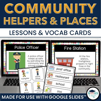 Preview of Community Helpers & Places Lessons for Google Slides™ + Vocabulary Cards BUNDLE