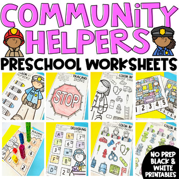 Preview of Community Helpers Printables Math and ELA Worksheets for Preschool Pre-K