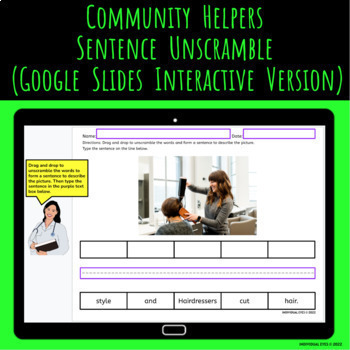 Preview of Community Helpers Sentence Unscramble NO PREP Google Slides Digital