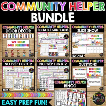 Preview of Community Helpers Themed BUNDLE | Bingo | No Prep Worksheets | Door Display