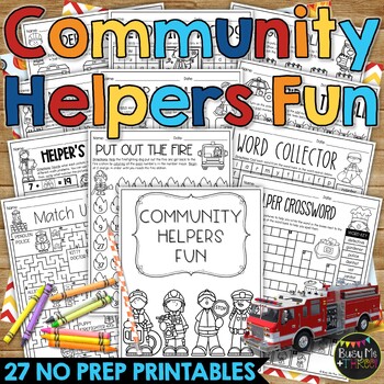 Preview of Community Helpers Themed No Prep Fun Worksheets Mazes Crossword Puzzles
