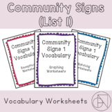 Community/ Safety Signs Vocabulary Worksheets BUNDLE