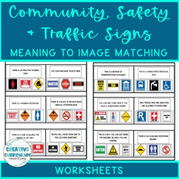 Preview of Community, Safety & Traffic Signs Sign Definition to Image Matching Worksheets
