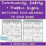 Community, Safety & Traffic Signs Sign Definition to Word Matching Worksheets