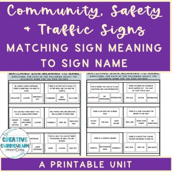 Preview of Community, Safety & Traffic Signs Sign Definition to Word Matching Worksheets