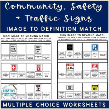Preview of Community, Safety & Traffic Signs Sign Image to Meaning Matching Worksheets