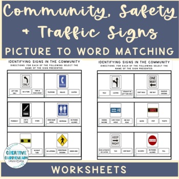 Preview of Community, Safety & Traffic Signs Sign Image to Name Matching Worksheets