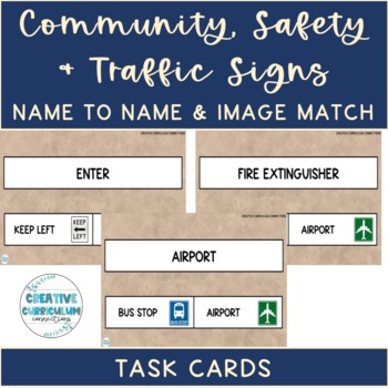 Preview of Community, Safety & Traffic Signs Sign Name to Name Matching Task Cards 2